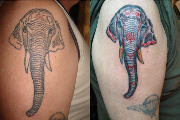 Correction et ameloriation d'un tatouage d'éléphant fait main