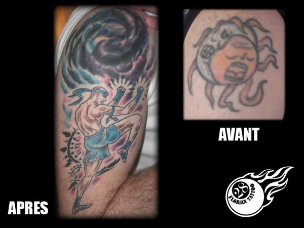 Photo de Recouvrement boxe thai, tatouage, cover réalisé par Florian Tattoo
